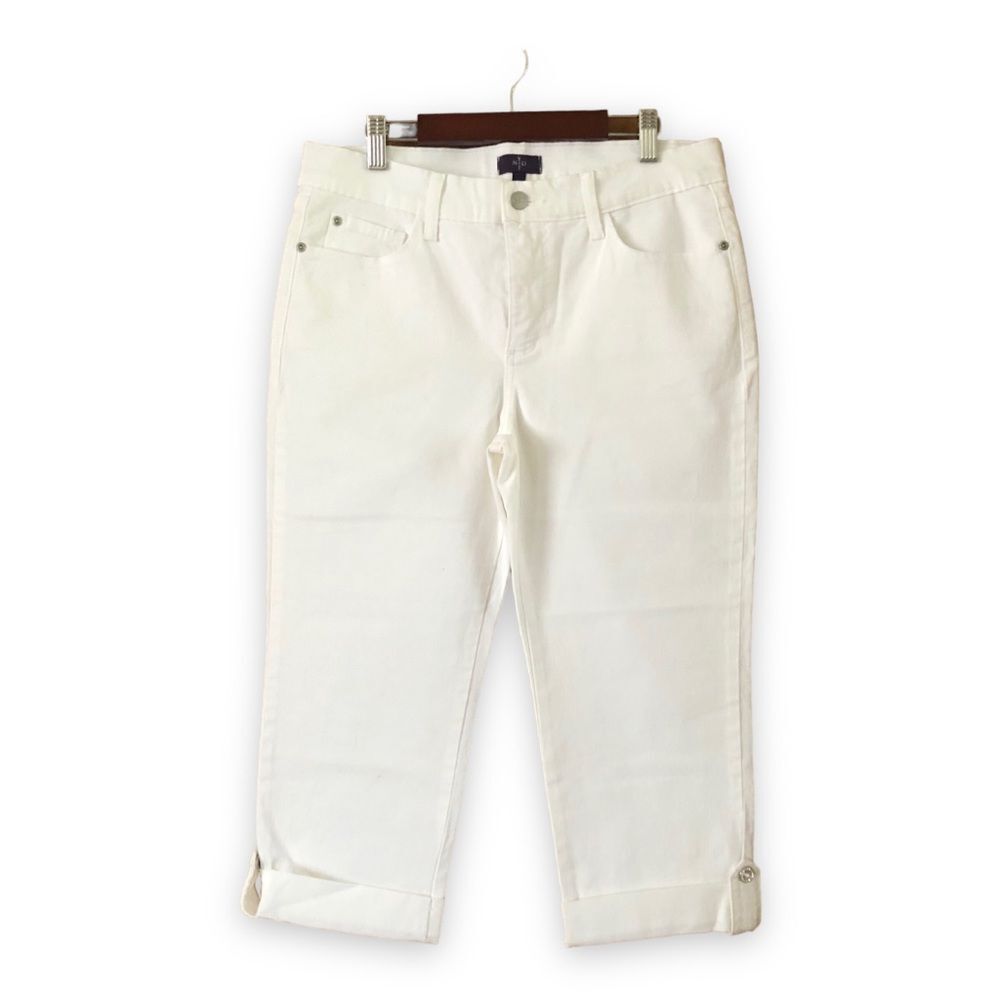 NYDJ White Crop Jeans Capri Embellished Cuff Size 8 Petite Neutral Spring Summer